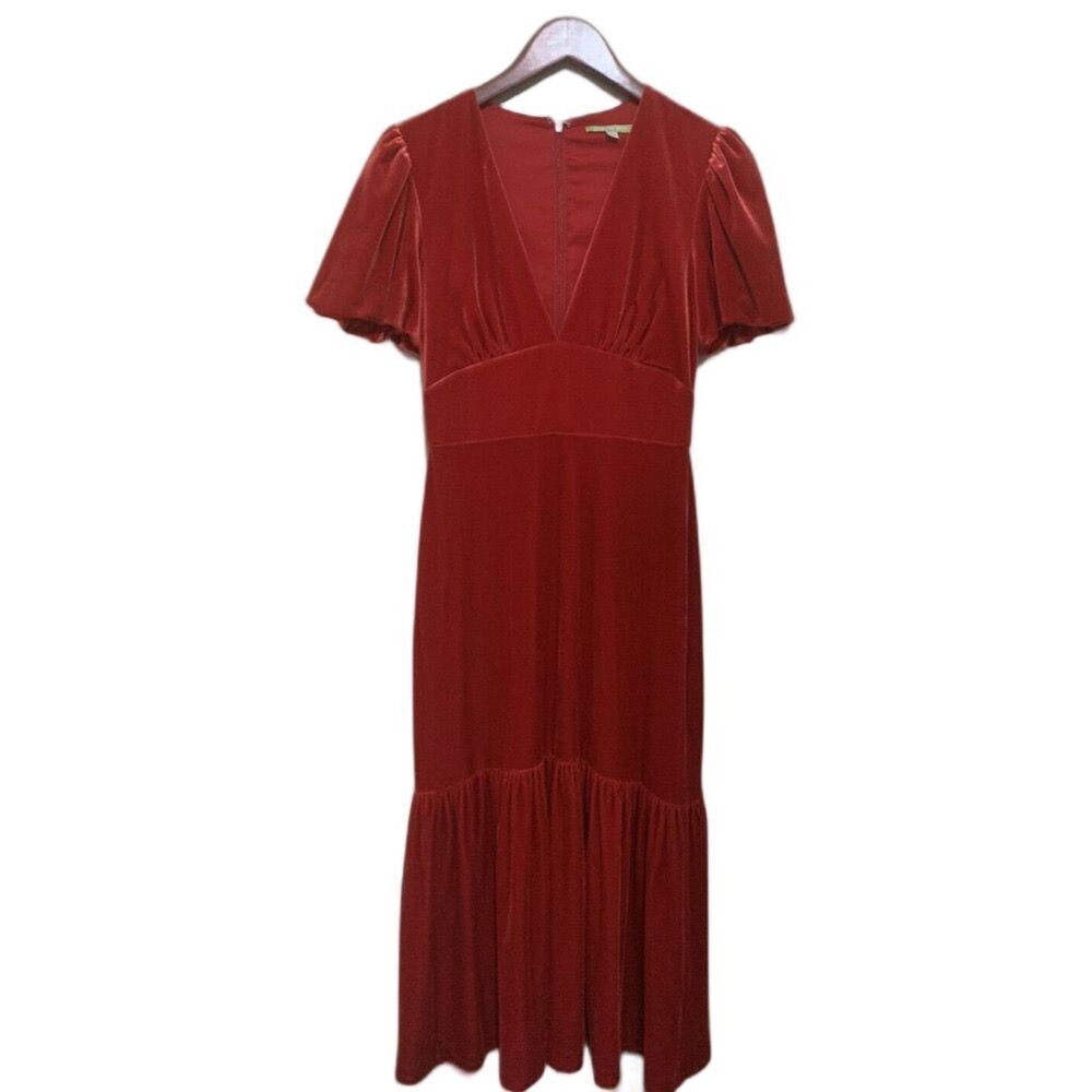 Gianni Bini Midi Dress Tomatoe Red Blair Fluted Hem Velvet Cocktail Women’s 2